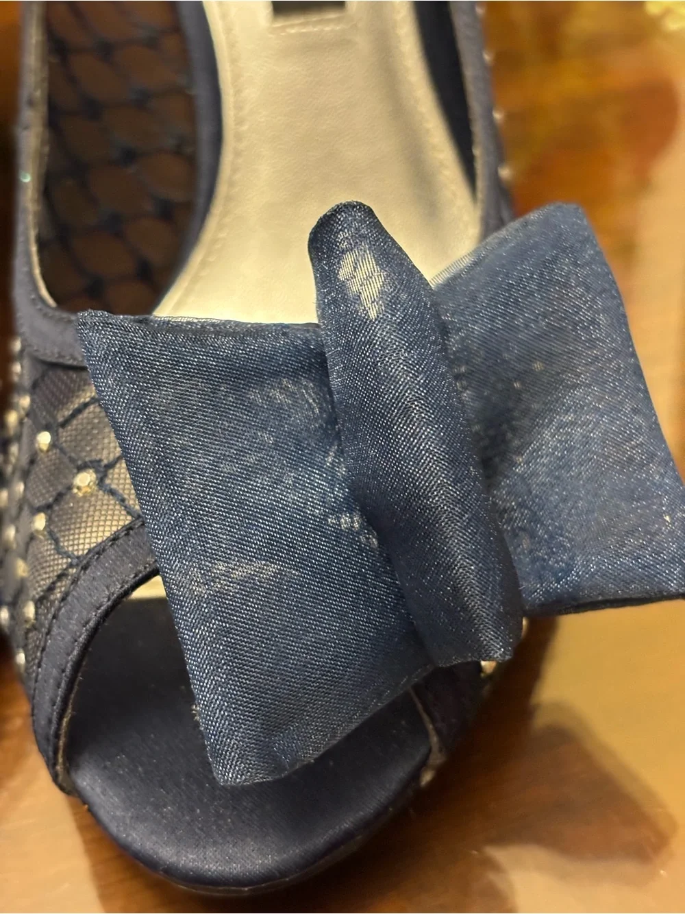 Nina Navy Peep-Toe Heels with Bow and Studded Mesh 6.5 M